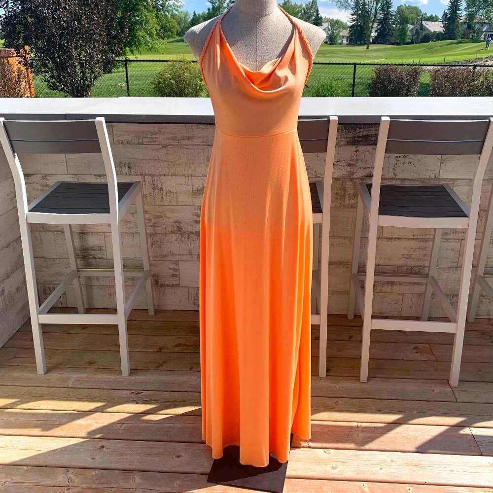 Vintage 70s Tangerine Peach Cowl Neck Wrap Halter Maxi Dress Prom Gown